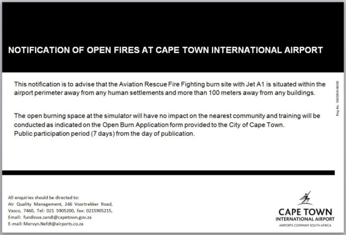 ACSA Notification of open fires at Cape Town International Airport