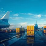 A dynamic scene depicting the bustling activity of air freight logistics within a Special Economic Zone 2