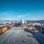 A dynamic scene depicting the bustling activity of air freight logistics within a Special Economic Zone 3