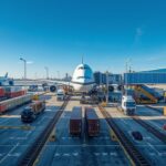 A dynamic scene depicting the bustling activity of air freight logistics within a Special Economic Zone, featuring cargo planes, road and rail 3]